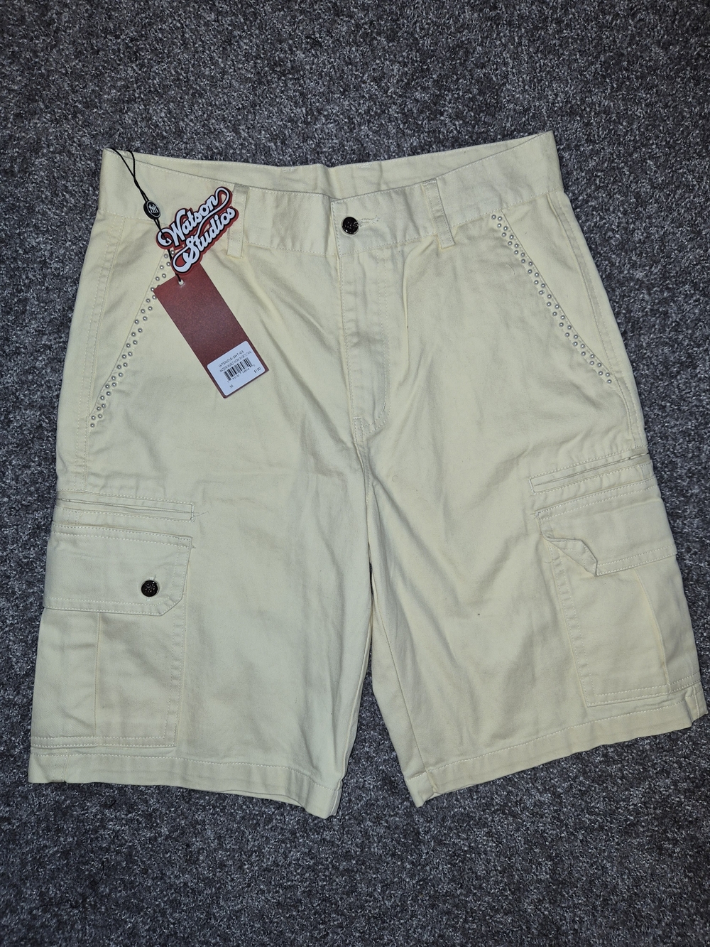 Nation Studio Men's Light Yellow Cargo Shorts with Studded Trim
